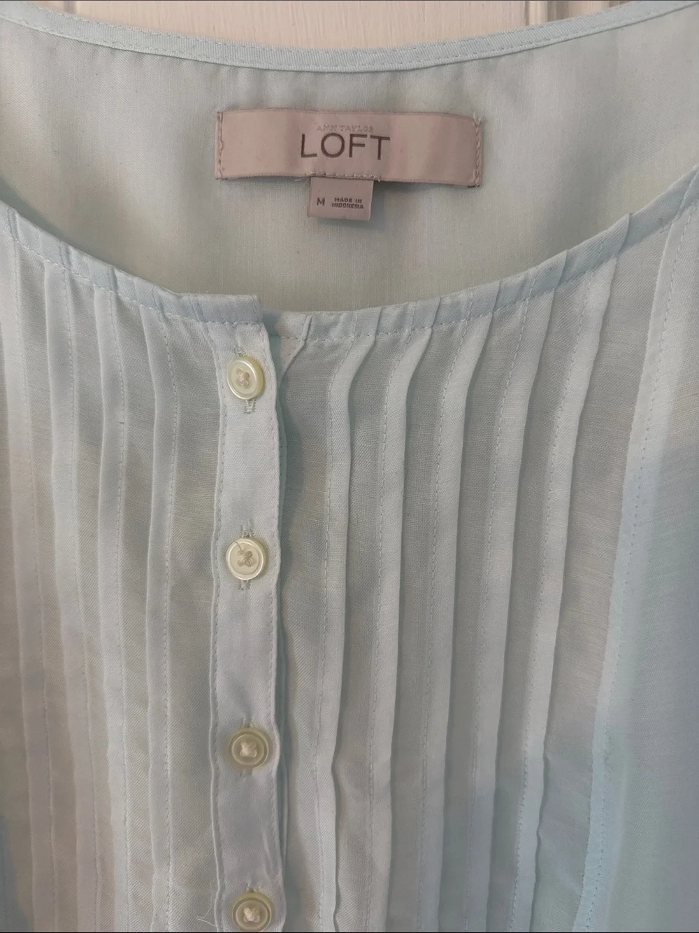 LOFT Light Blue Pleated Button Front Blouse Long Sleeve Top M